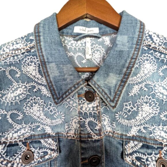 Y2K NWT TRIBAL JEANS Denim Jean Vest Jacket with White Embroidery Size XL - Picture 2 of 8